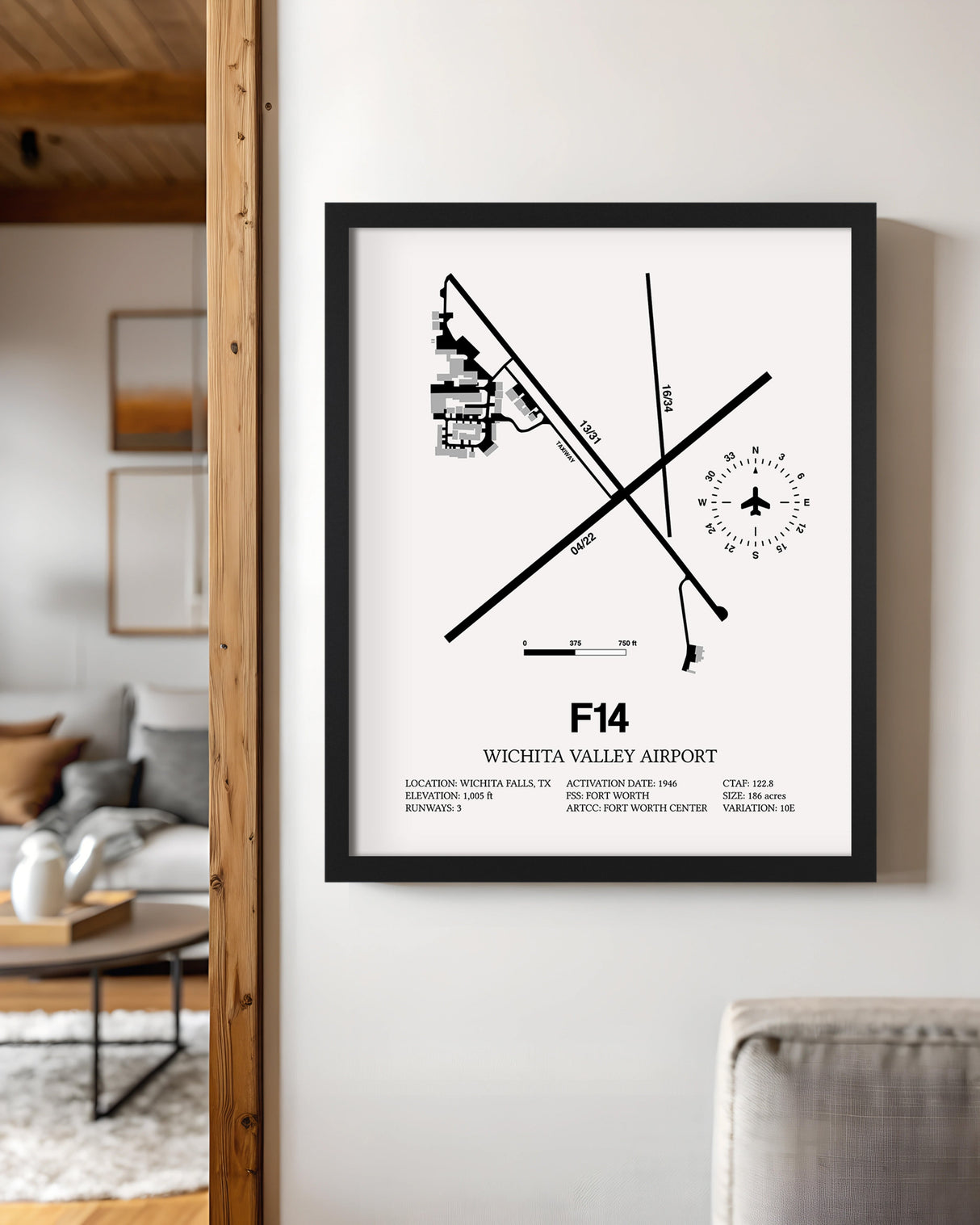 Framed Detailed Airport Map of Wichita Valley Airport (F14) in White with a Black Frame