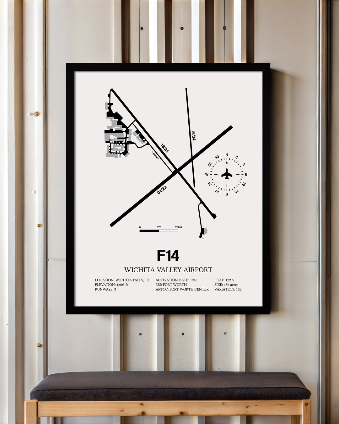 Framed Detailed Airport Map of Wichita Valley Airport (F14) in White with a Black Frame