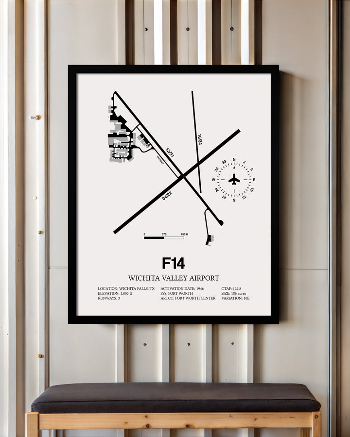 Framed Detailed Airport Map of Wichita Valley Airport (F14) in White with a Black Frame