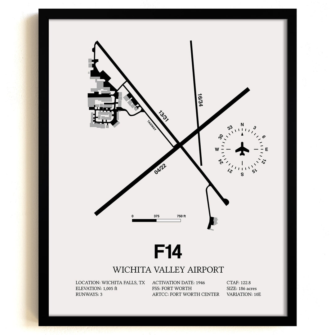 Framed Detailed Airport Map of Wichita Valley Airport (F14) in White with a Black Frame