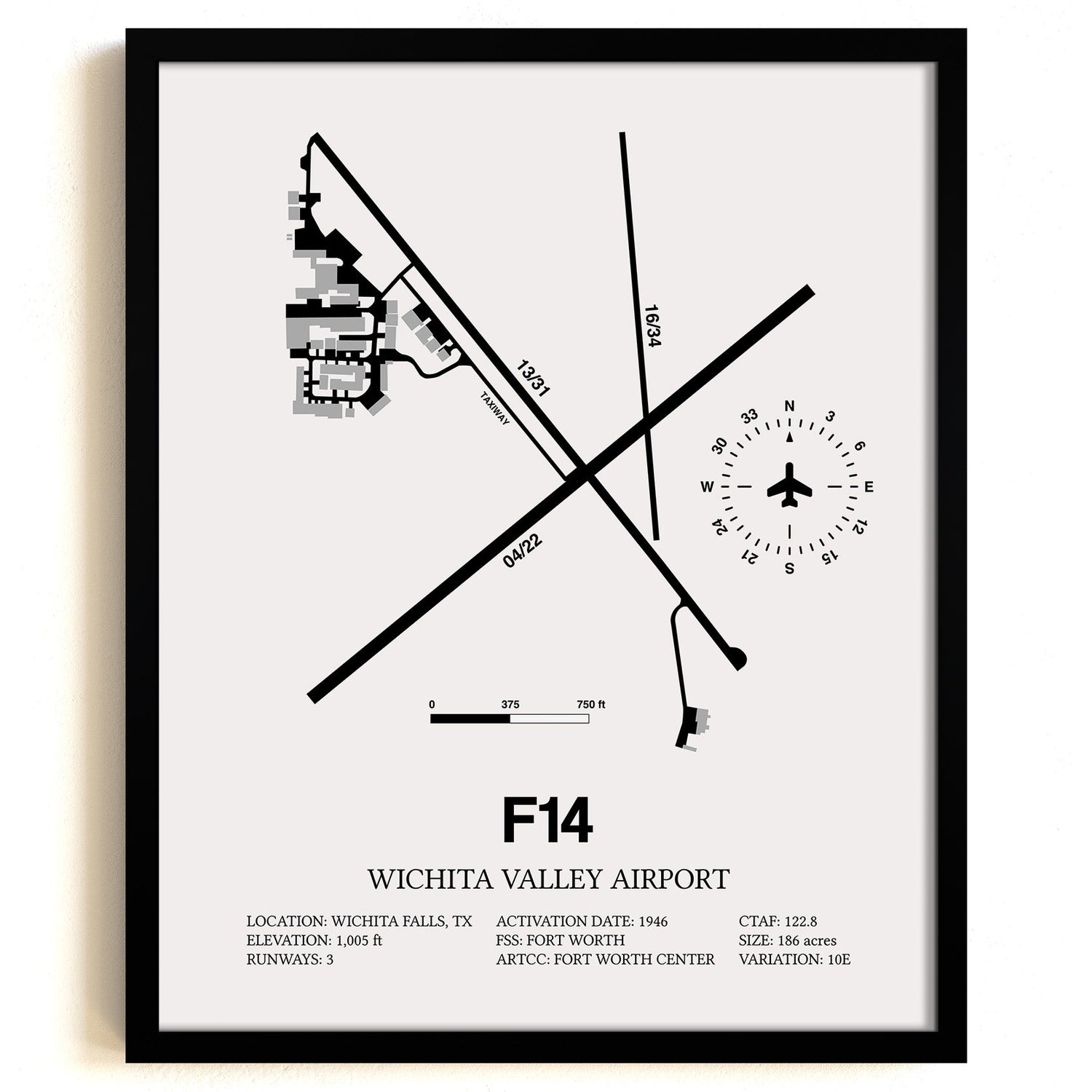 Framed Detailed Airport Map of Wichita Valley Airport (F14) in White with a Black Frame