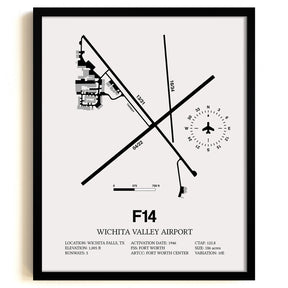 Framed Detailed Airport Map of Wichita Valley Airport (F14) in White with a Black Frame