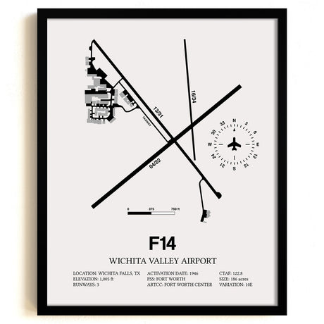 Framed Detailed Airport Map of Wichita Valley Airport (F14) in White with a Black Frame