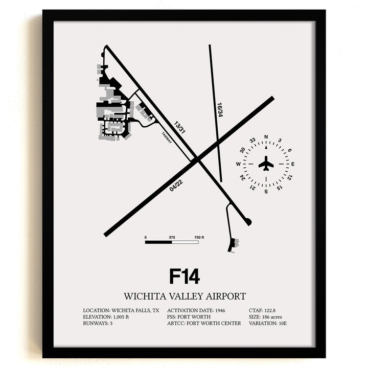Framed Detailed Airport Map of Wichita Valley Airport (F14) in White with a Black Frame