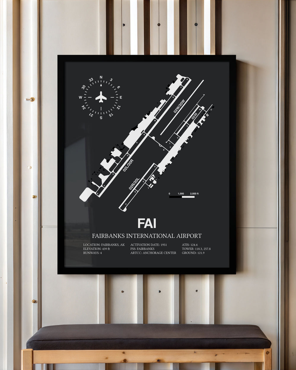 Framed Detailed Airport Map of Fairbanks International Airport (FAI) in Gray with a Black Frame