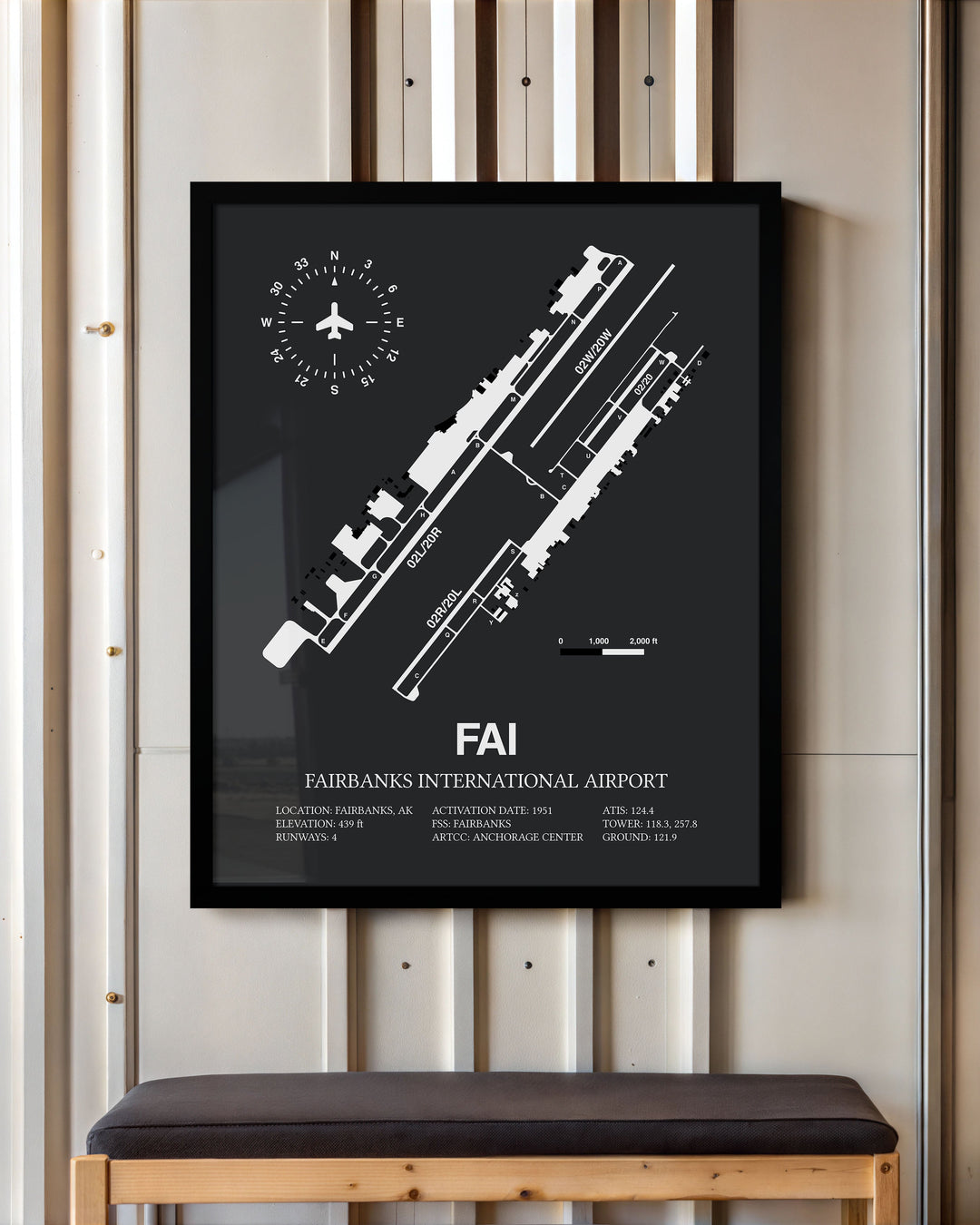 Framed Detailed Airport Map of Fairbanks International Airport (FAI) in Gray with a Black Frame