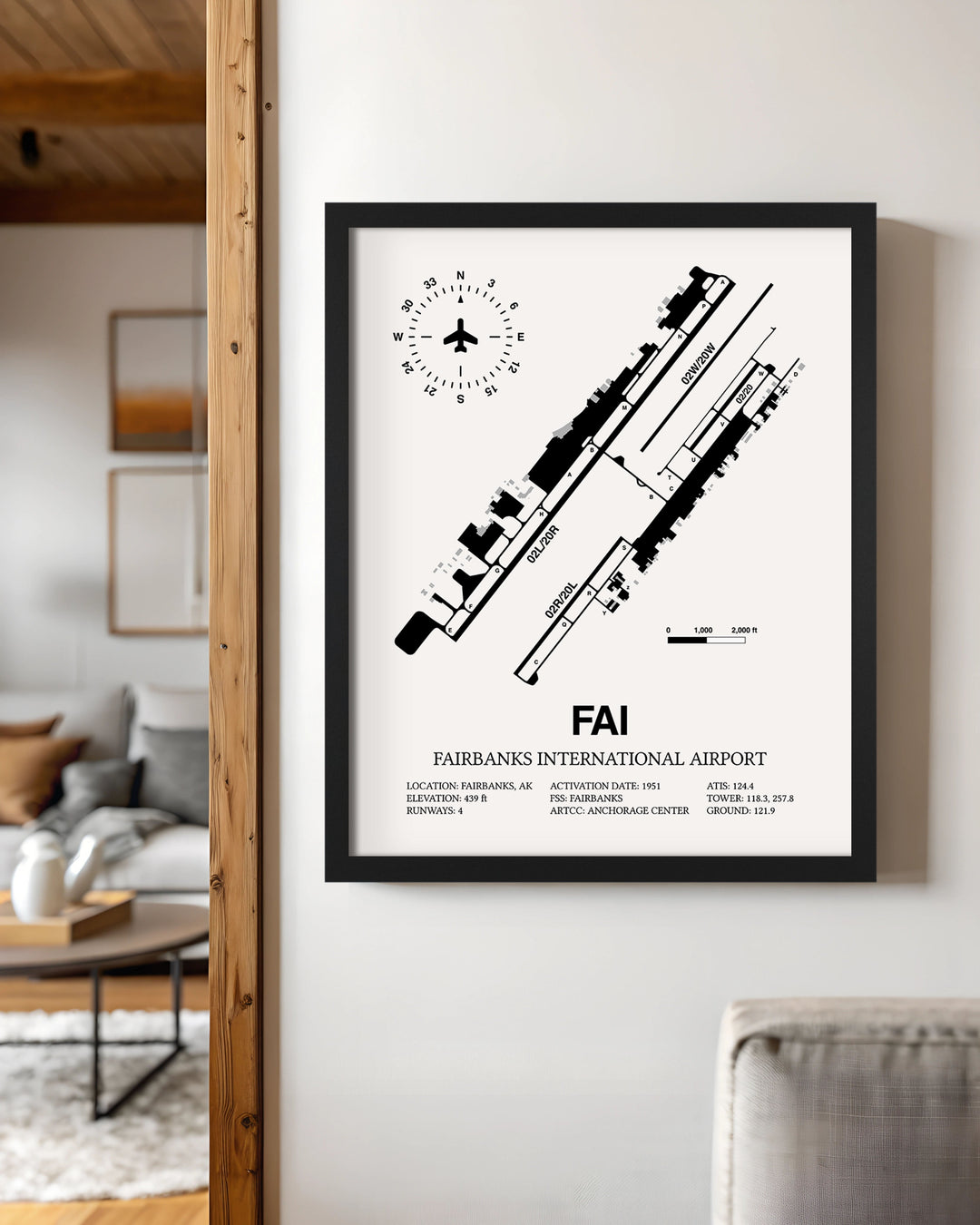 Framed Detailed Airport Map of Fairbanks International Airport (FAI) in White with a Black Frame
