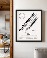 Framed Detailed Airport Map of Fairbanks International Airport (FAI) in White with a Black Frame
