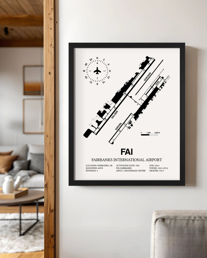 Framed Detailed Airport Map of Fairbanks International Airport (FAI) in White with a Black Frame