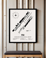 Framed Detailed Airport Map of Fairbanks International Airport (FAI) in White with a Black Frame