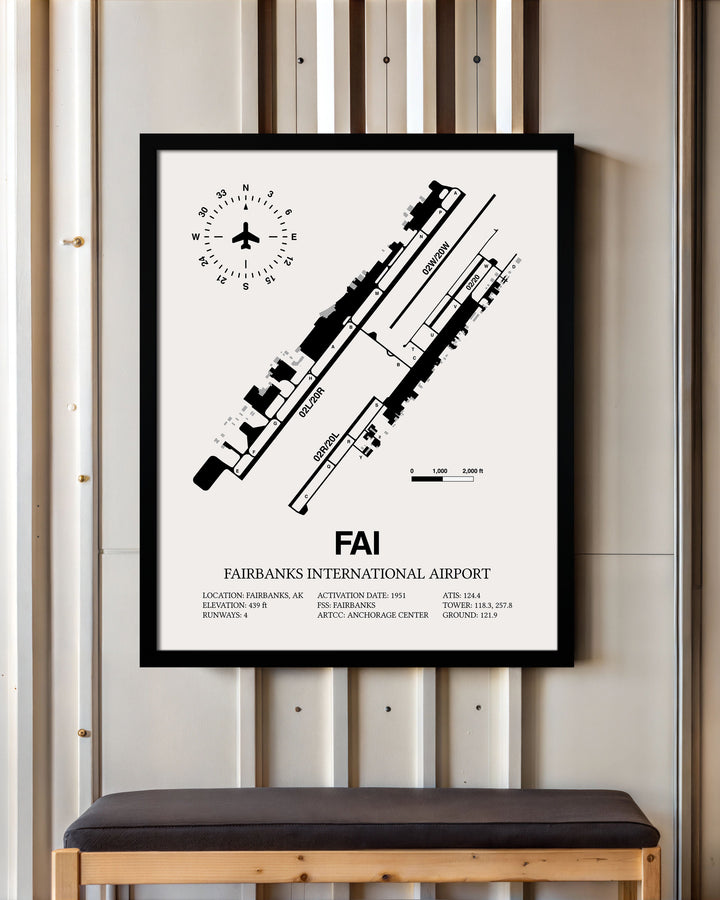 Framed Detailed Airport Map of Fairbanks International Airport (FAI) in White with a Black Frame