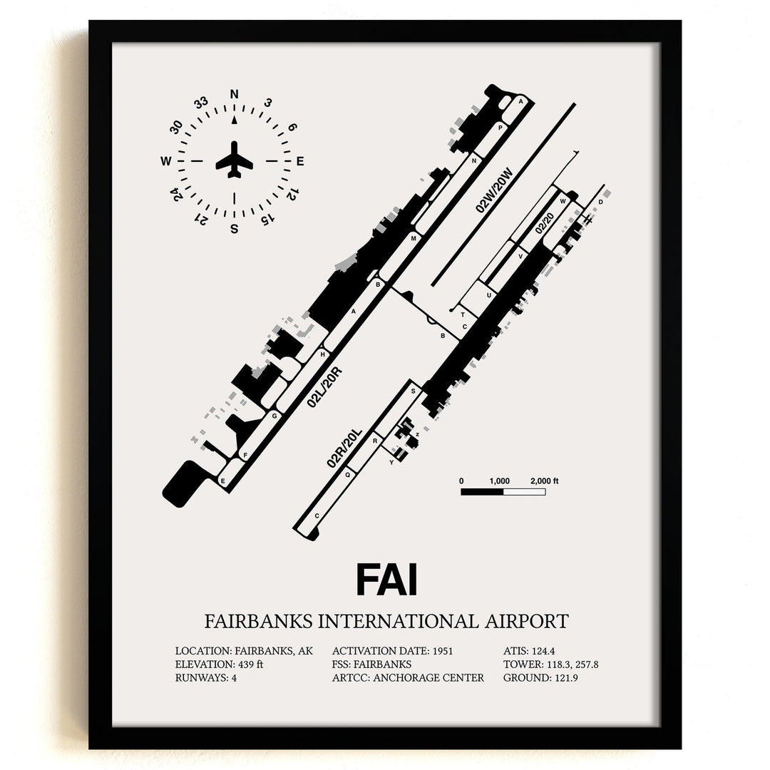 Framed Detailed Airport Map of Fairbanks International Airport (FAI) in White with a Black Frame
