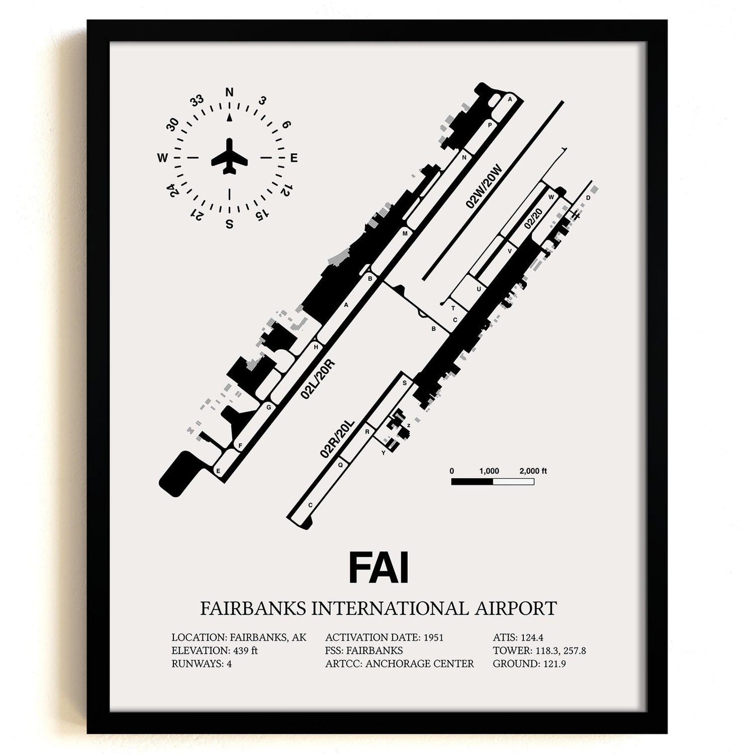 Framed Detailed Airport Map of Fairbanks International Airport (FAI) in White with a Black Frame