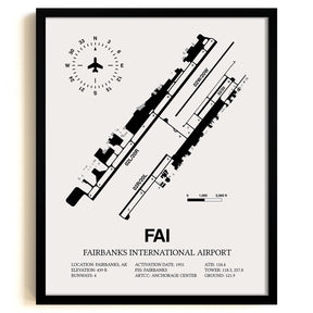 Framed Detailed Airport Map of Fairbanks International Airport (FAI) in White with a Black Frame