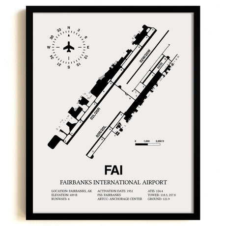 Framed Detailed Airport Map of Fairbanks International Airport (FAI) in White with a Black Frame