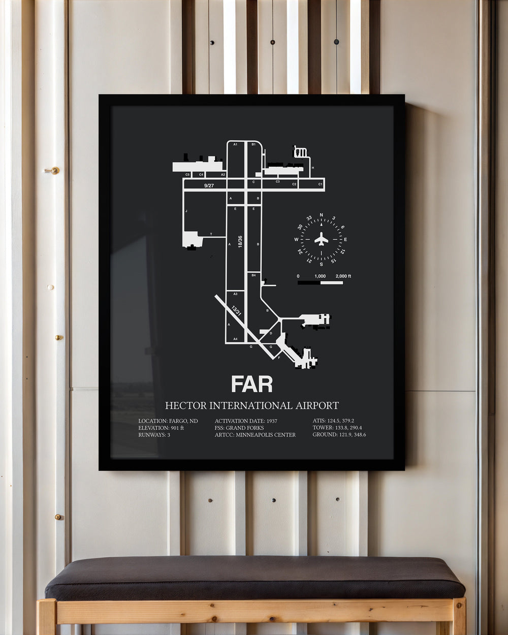 Framed Detailed Airport Map of Hector International Airport (FAR) in Gray with a Black Frame