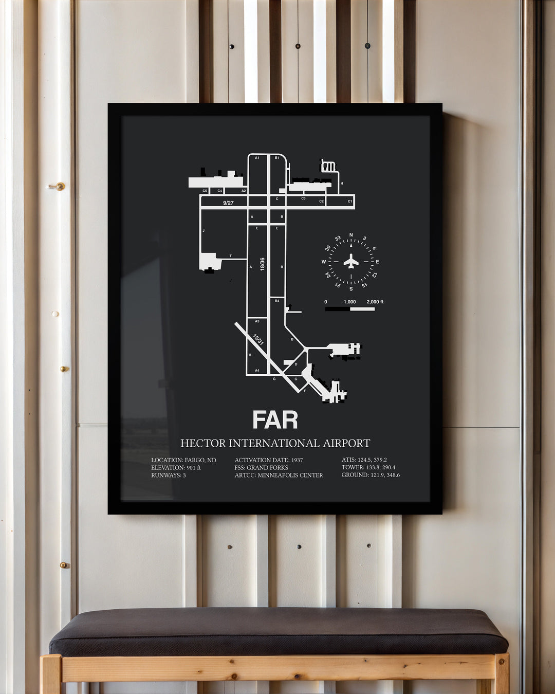 Framed Detailed Airport Map of Hector International Airport (FAR) in Gray with a Black Frame