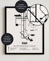 Framed Detailed Airport Map of Hector International Airport (FAR) in White with a Black Frame