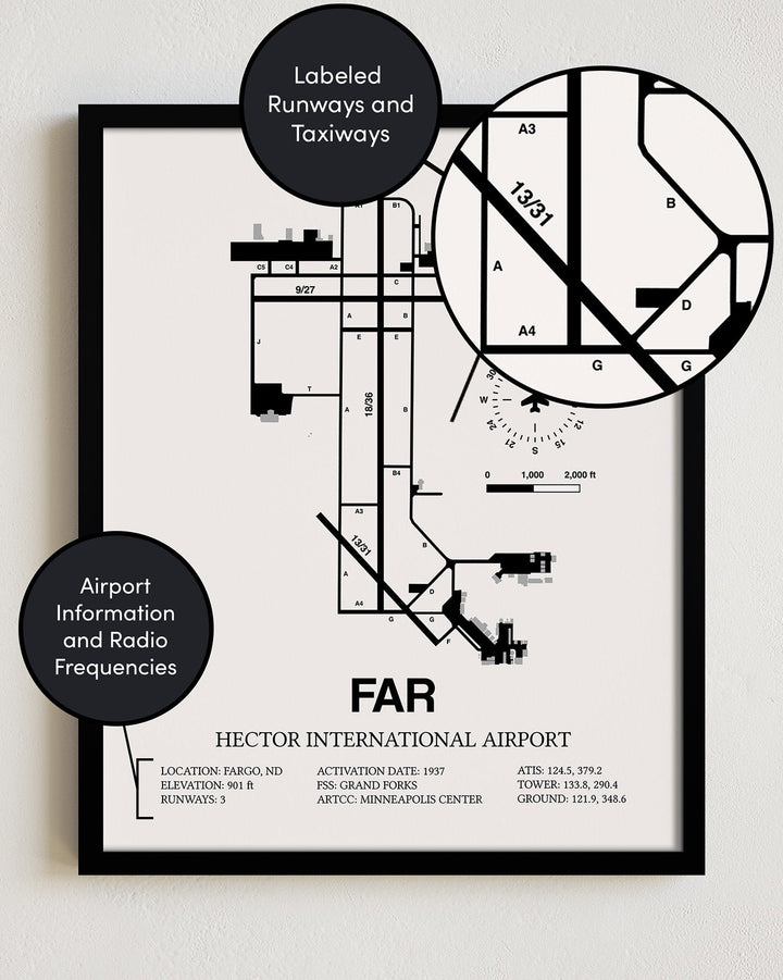 Framed Detailed Airport Map of Hector International Airport (FAR) in White with a Black Frame