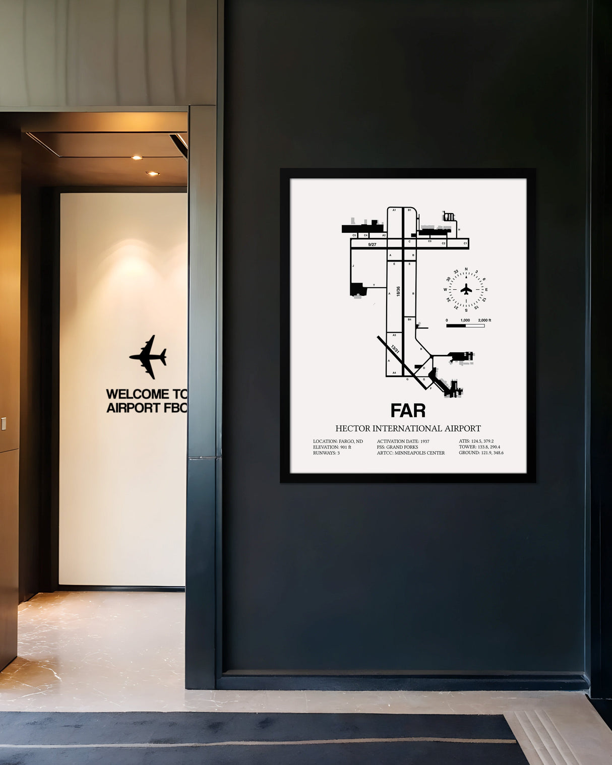 Framed Detailed Airport Map of Hector International Airport (FAR) in White with a Black Frame