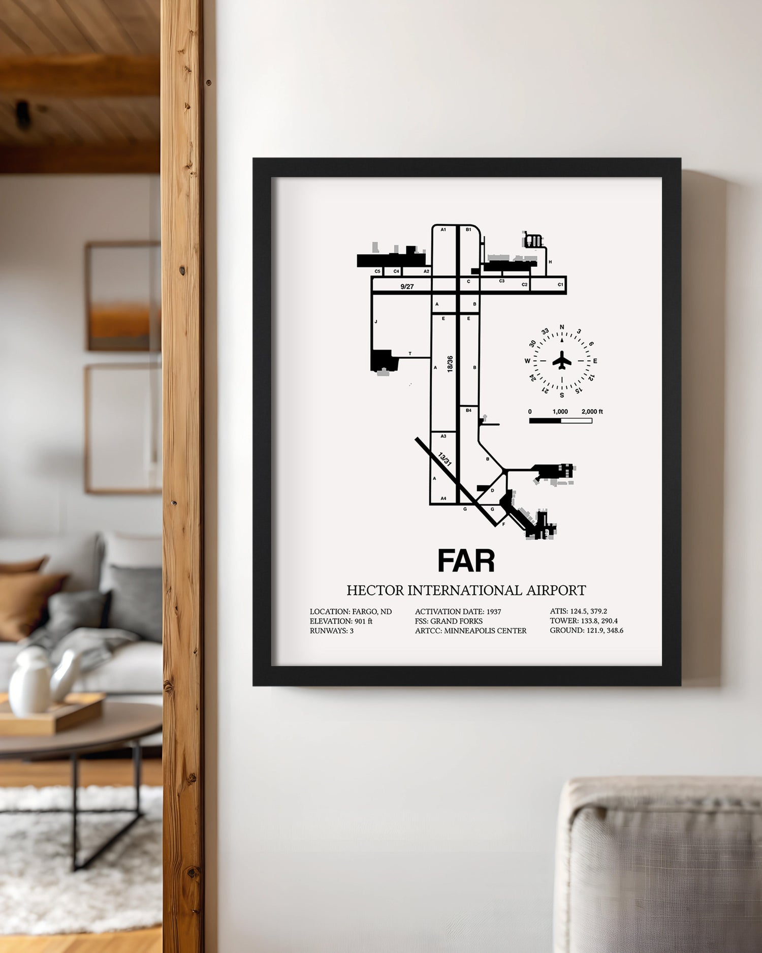 Framed Detailed Airport Map of Hector International Airport (FAR) in White with a Black Frame