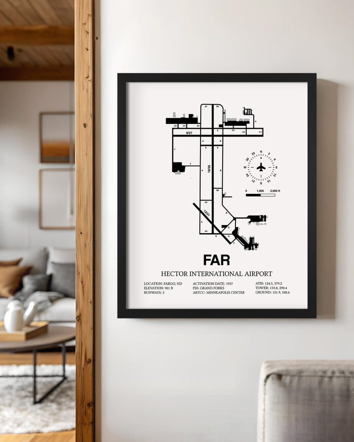 Framed Detailed Airport Map of Hector International Airport (FAR) in White with a Black Frame
