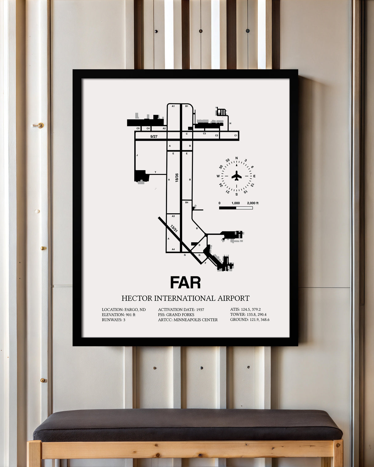 Framed Detailed Airport Map of Hector International Airport (FAR) in White with a Black Frame