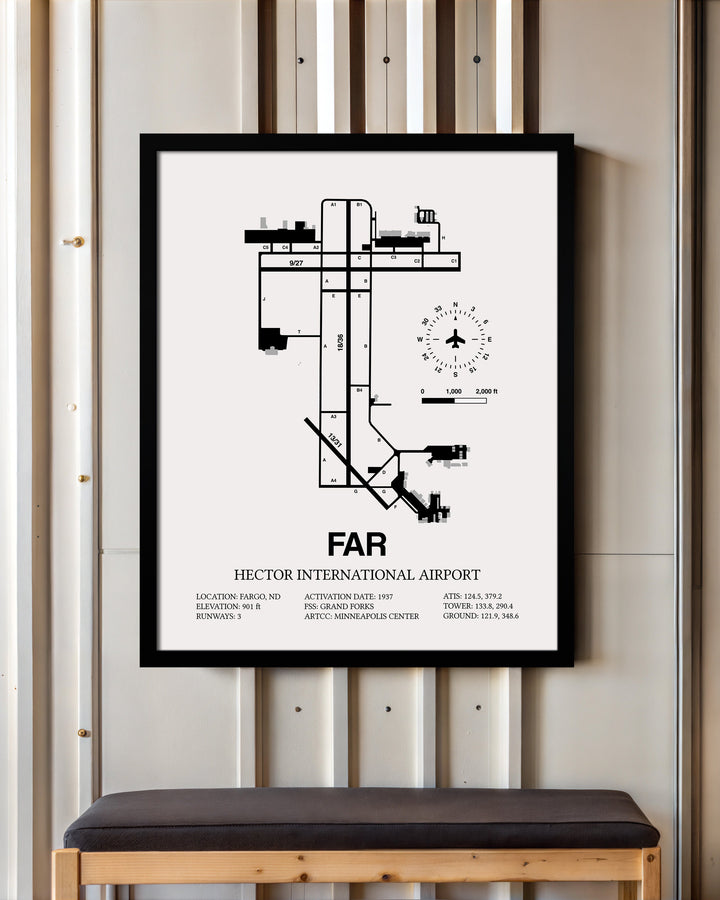 Framed Detailed Airport Map of Hector International Airport (FAR) in White with a Black Frame