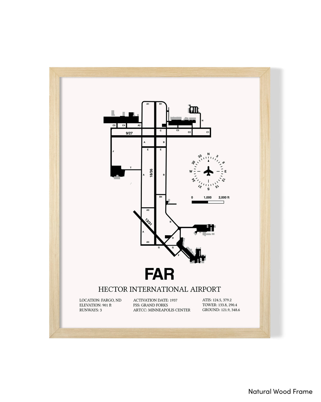 Detailed Airport Map of Hector International Airport (FAR) in White with a Natural Frame