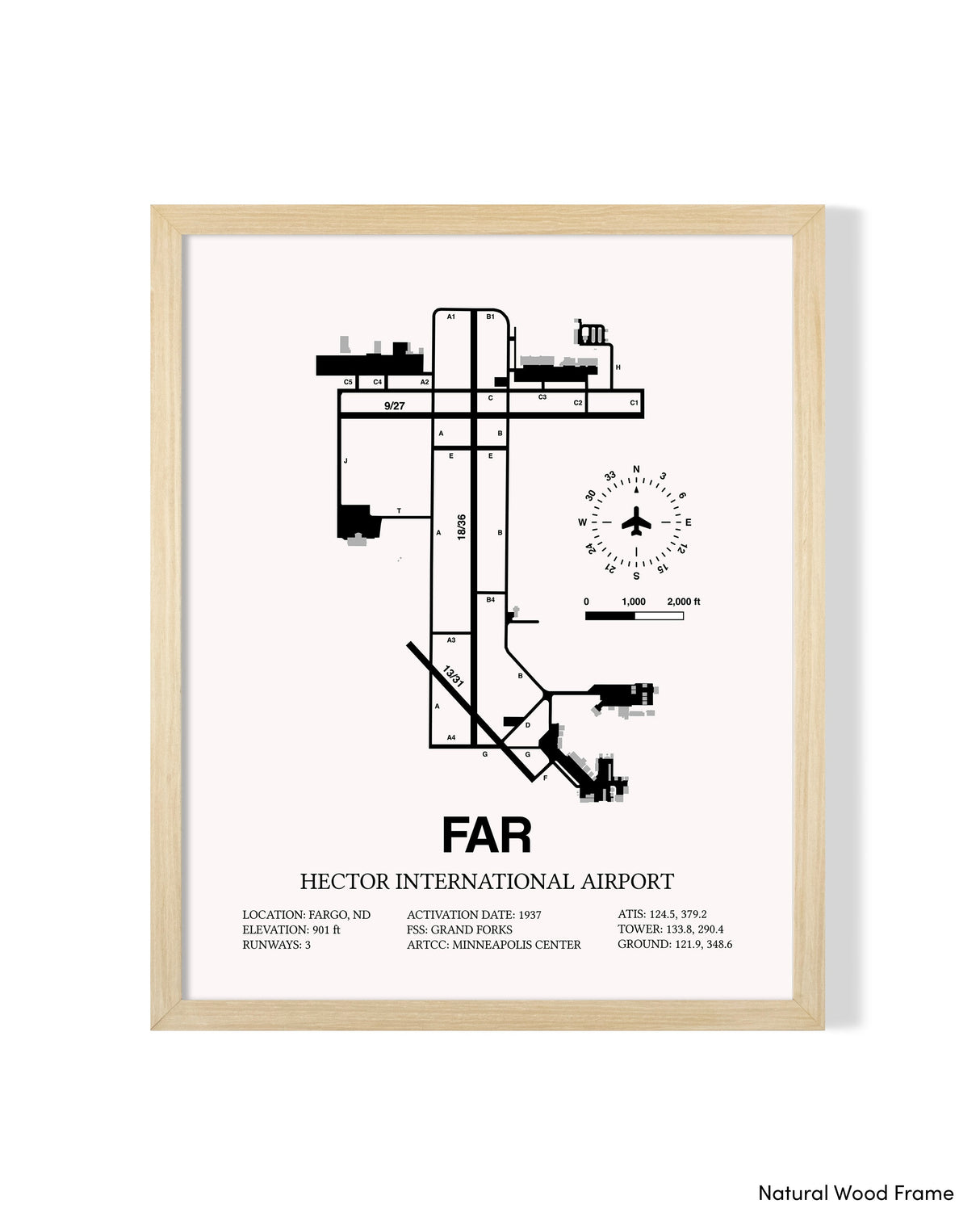 Detailed Airport Map of Hector International Airport (FAR) in White with a Natural Frame
