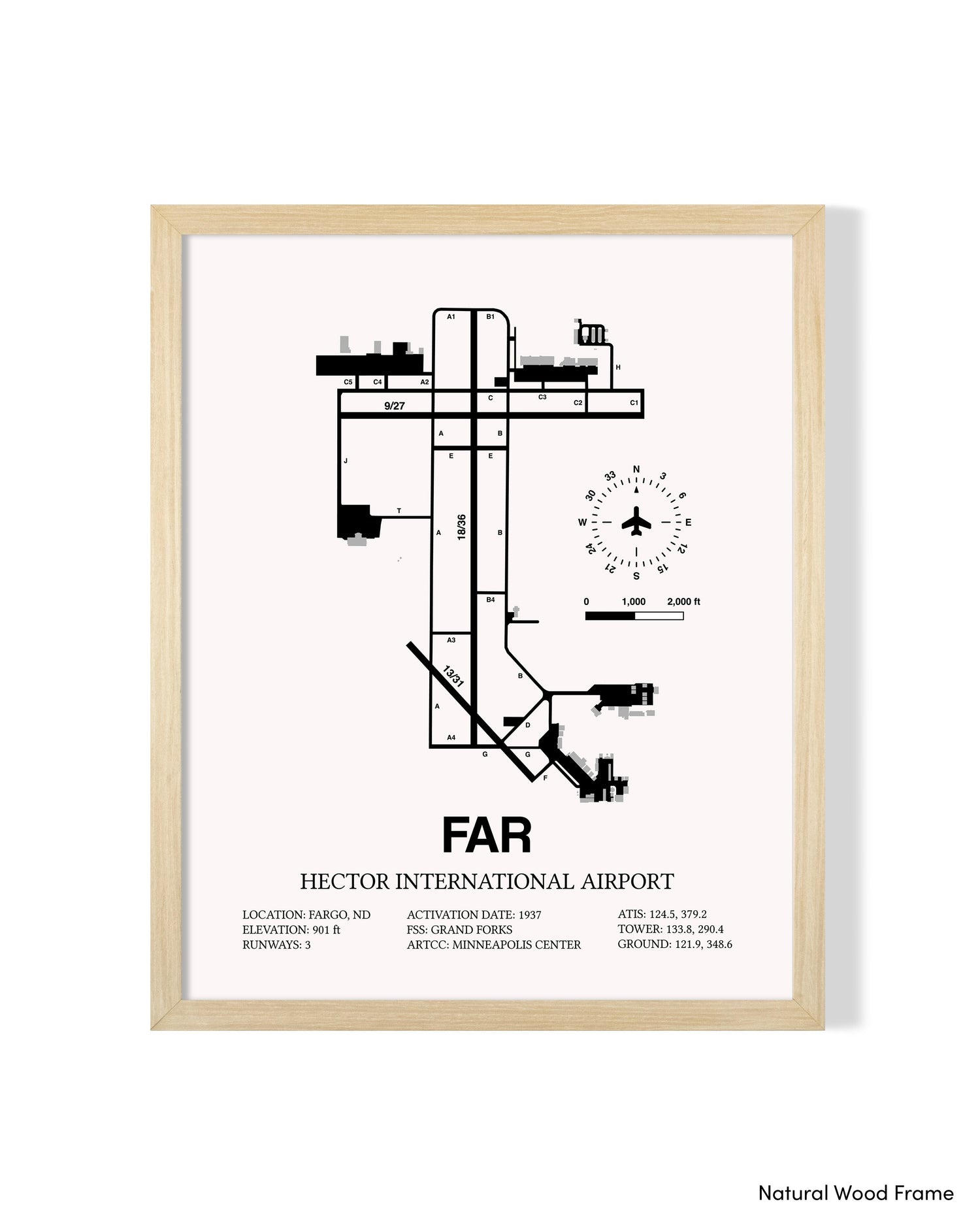 Detailed Airport Map of Hector International Airport (FAR) in White with a Natural Frame