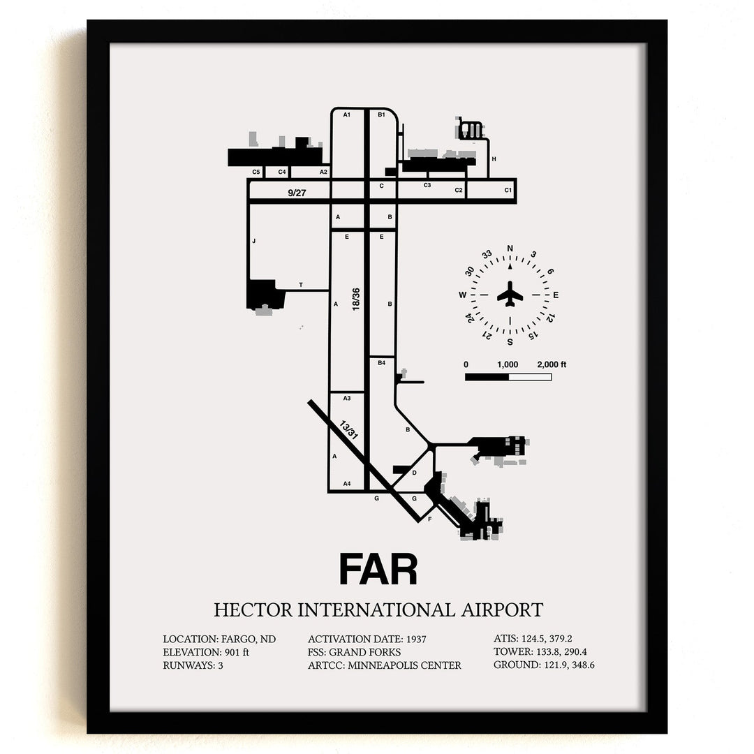 Framed Detailed Airport Map of Hector International Airport (FAR) in White with a Black Frame