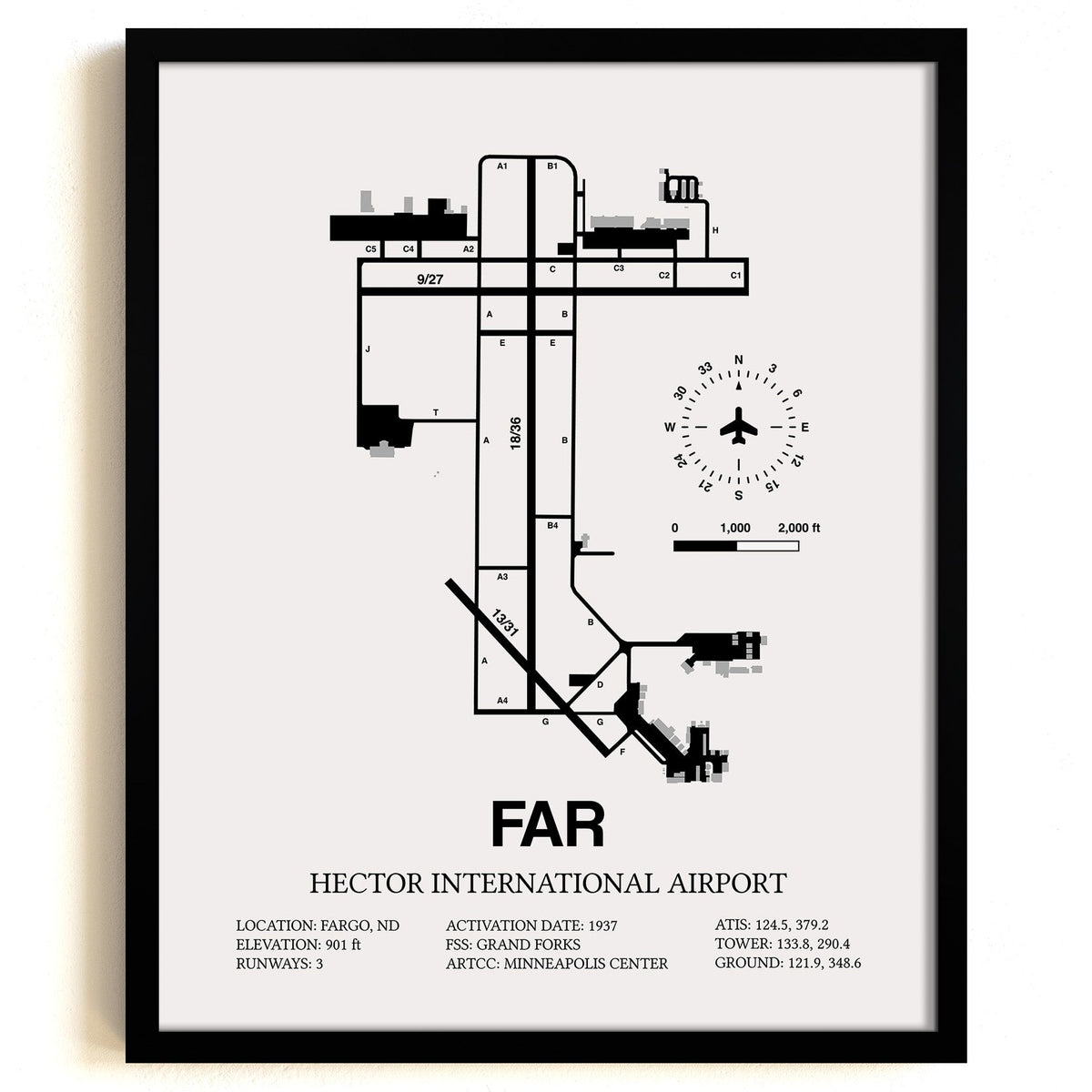 Framed Detailed Airport Map of Hector International Airport (FAR) in White with a Black Frame