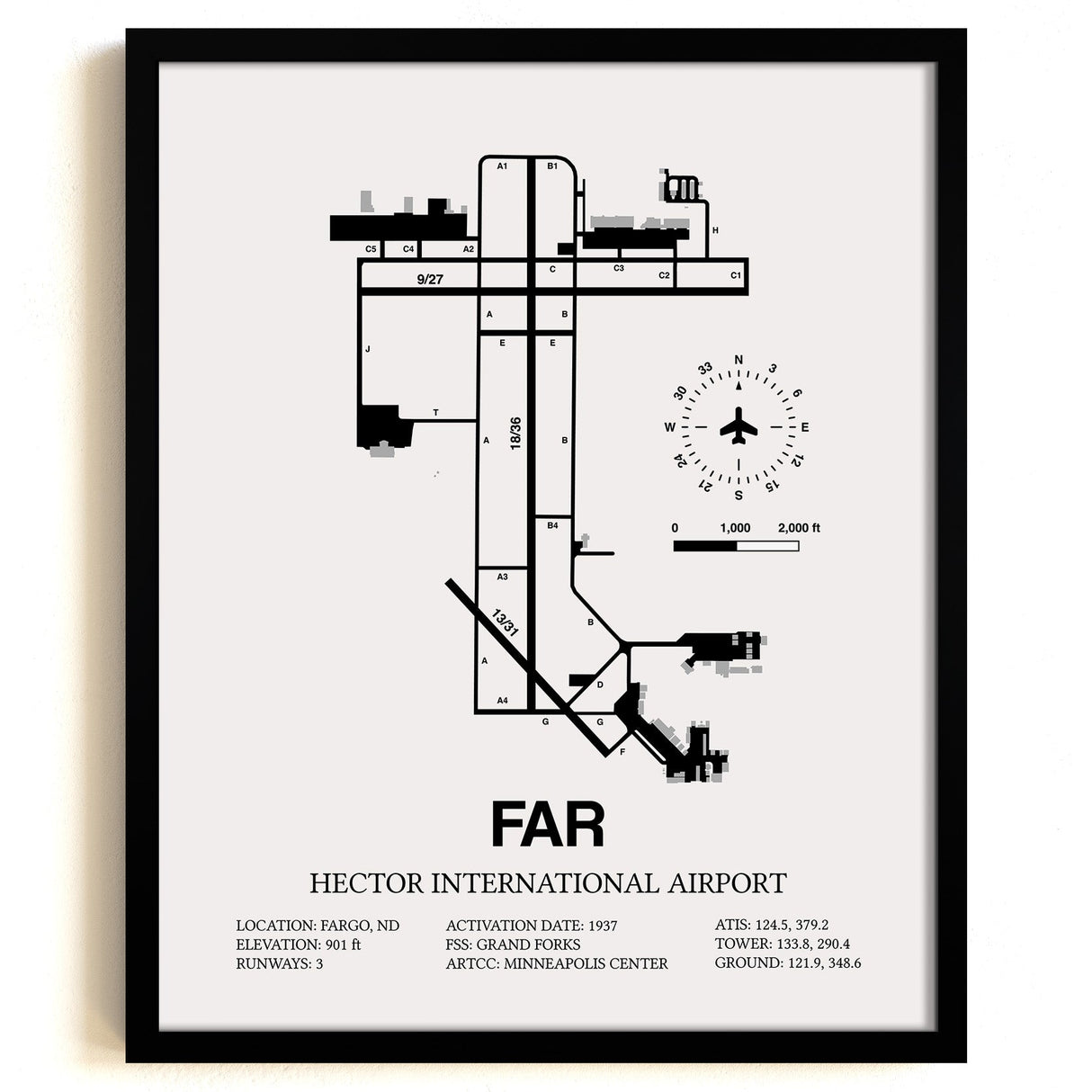 Framed Detailed Airport Map of Hector International Airport (FAR) in White with a Black Frame