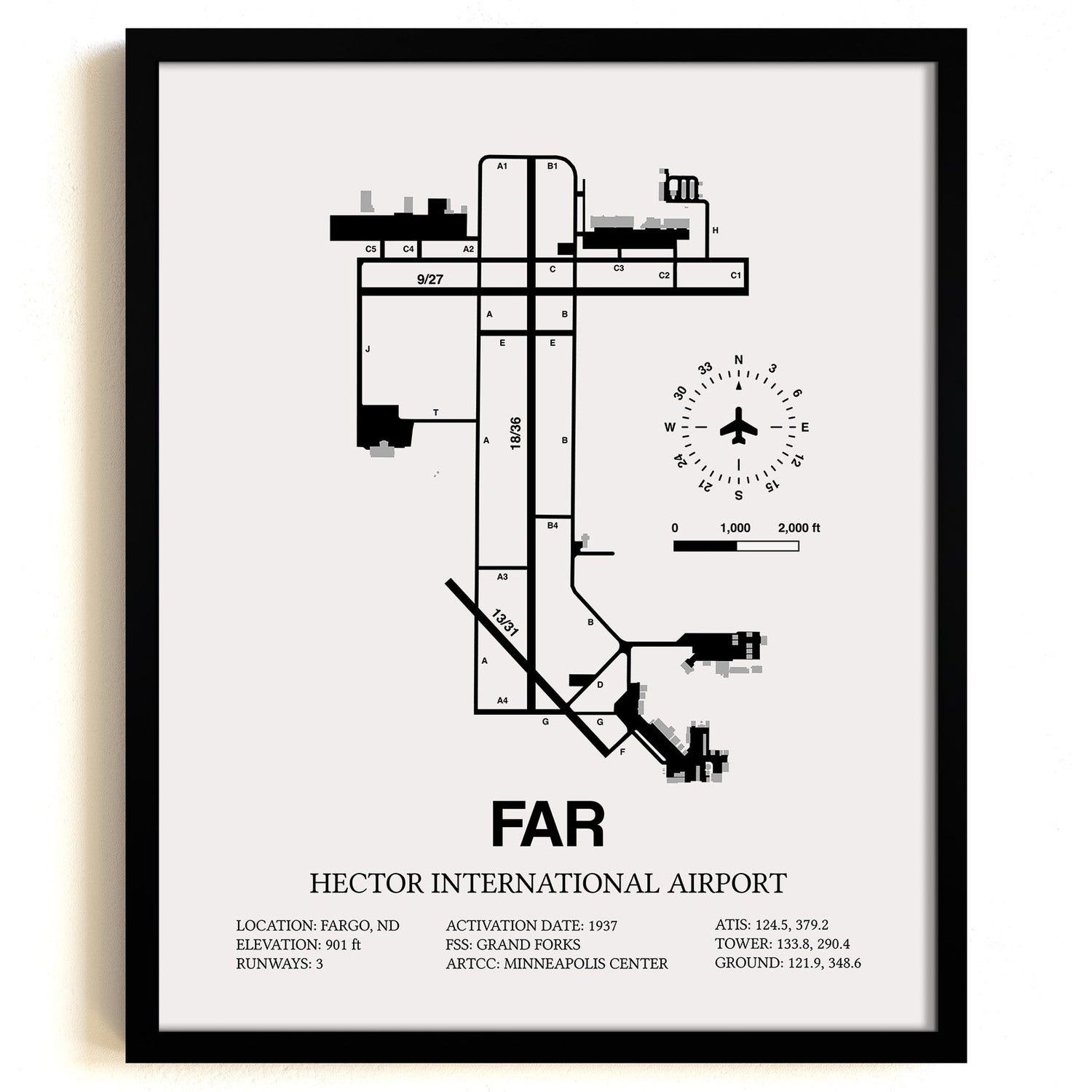 Framed Detailed Airport Map of Hector International Airport (FAR) in White with a Black Frame