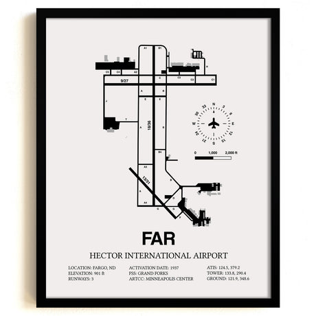 Framed Detailed Airport Map of Hector International Airport (FAR) in White with a Black Frame