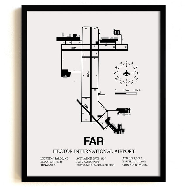 Framed Detailed Airport Map of Hector International Airport (FAR) in White with a Black Frame