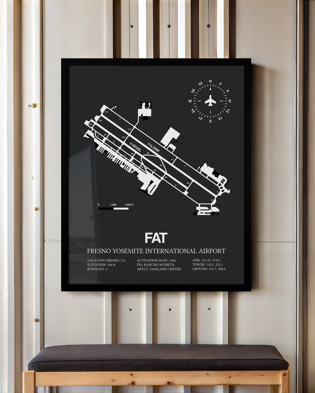 Framed Detailed Airport Map of Fresno Yosemite International Airport (FAT) in Gray with a Black Frame