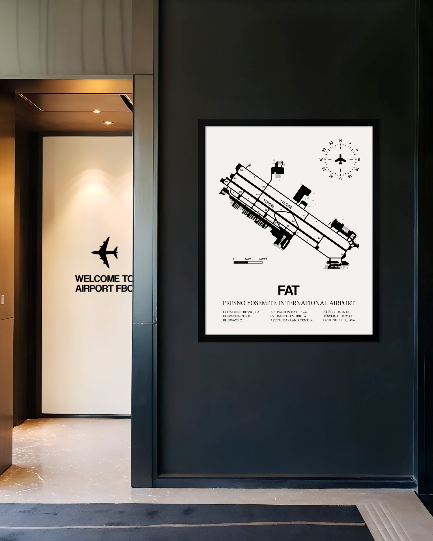 Framed Detailed Airport Map of Fresno Yosemite International Airport (FAT) in White with a Black Frame