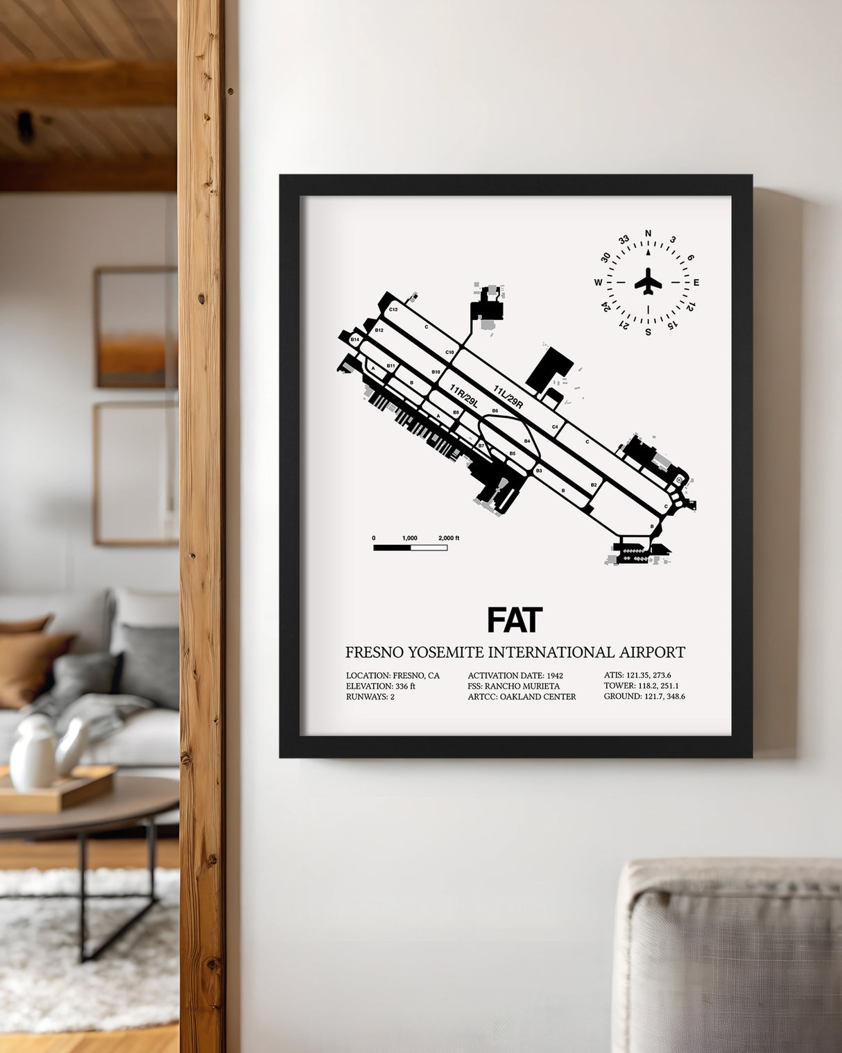 Framed Detailed Airport Map of Fresno Yosemite International Airport (FAT) in White with a Black Frame