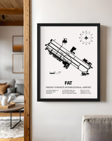 Framed Detailed Airport Map of Fresno Yosemite International Airport (FAT) in White with a Black Frame