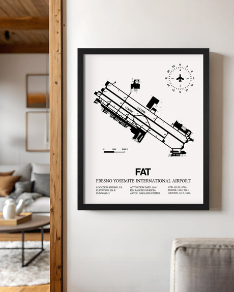 Framed Detailed Airport Map of Fresno Yosemite International Airport (FAT) in White with a Black Frame