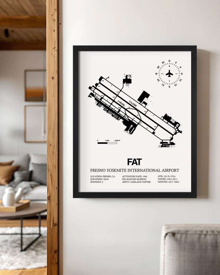 Framed Detailed Airport Map of Fresno Yosemite International Airport (FAT) in White with a Black Frame