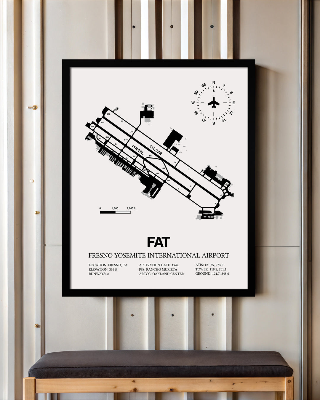 Framed Detailed Airport Map of Fresno Yosemite International Airport (FAT) in White with a Black Frame