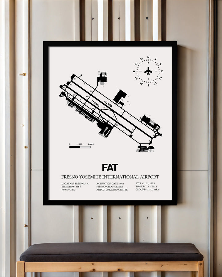 Framed Detailed Airport Map of Fresno Yosemite International Airport (FAT) in White with a Black Frame