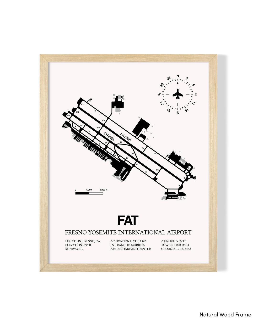 Detailed Airport Map of Fresno Yosemite International Airport (FAT) in White with a Natural Frame