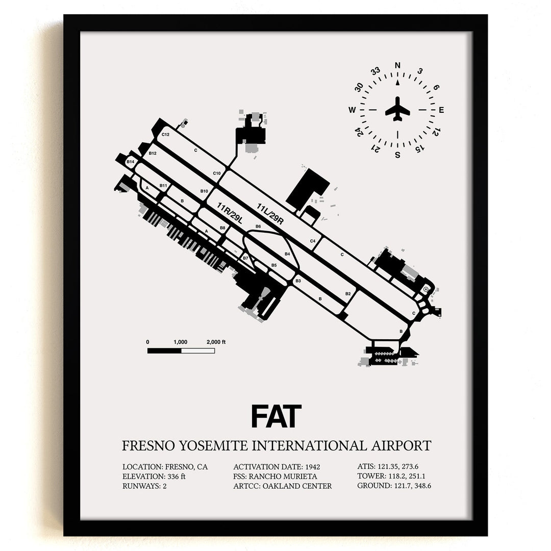 Framed Detailed Airport Map of Fresno Yosemite International Airport (FAT) in White with a Black Frame