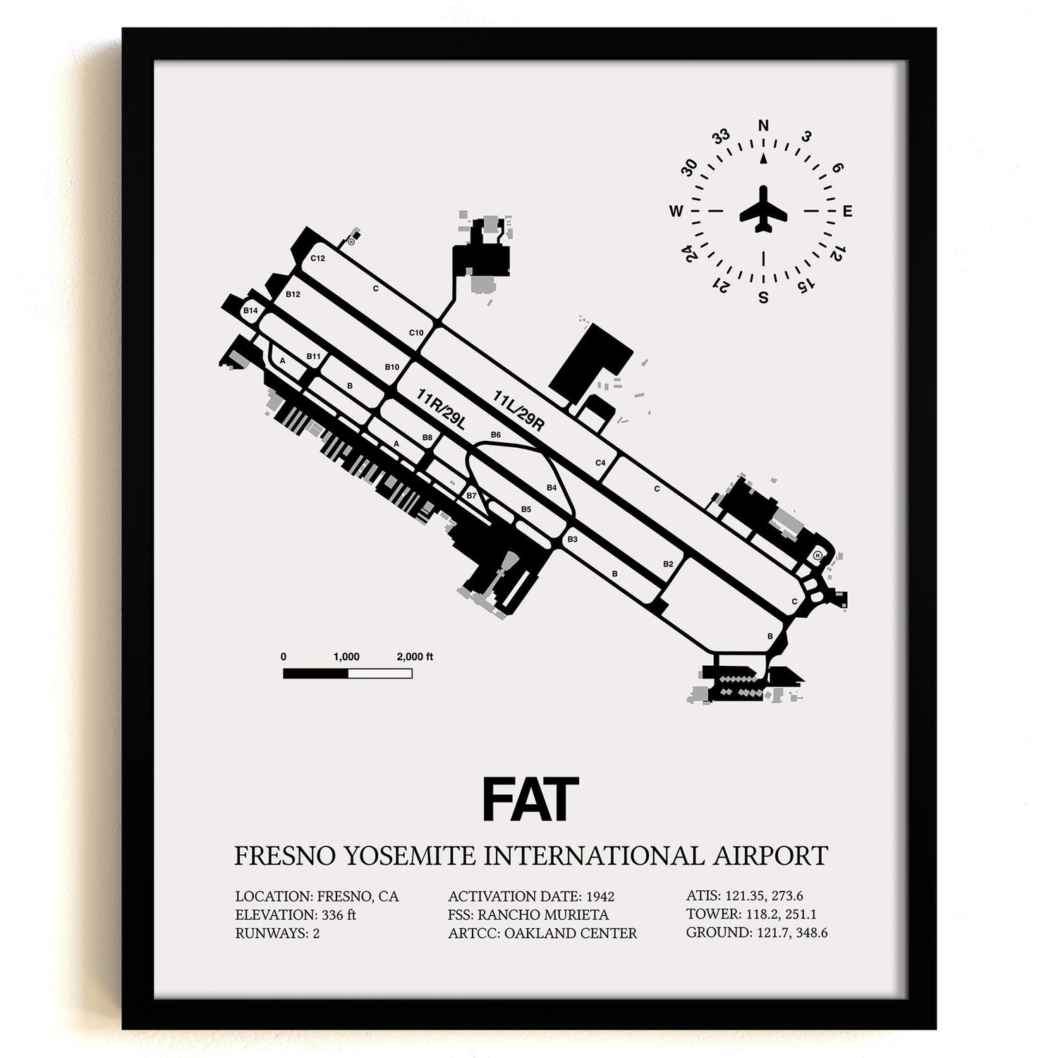 Framed Detailed Airport Map of Fresno Yosemite International Airport (FAT) in White with a Black Frame