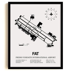 Framed Detailed Airport Map of Fresno Yosemite International Airport (FAT) in White with a Black Frame