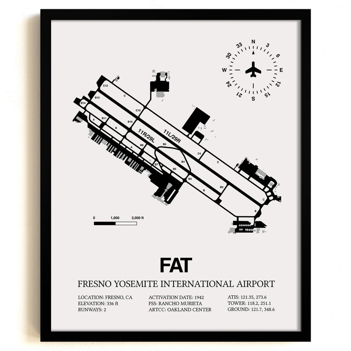 Framed Detailed Airport Map of Fresno Yosemite International Airport (FAT) in White with a Black Frame